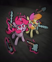 Size: 1652x1965 | Tagged: safe, artist:dawnfire, oc, oc only, oc:dawnfire, earth pony, pony, unicorn, axe, duo, female, horn, magic, mare, minecraft, mouth hold, open mouth, pickaxe, sword, telekinesis, weapon