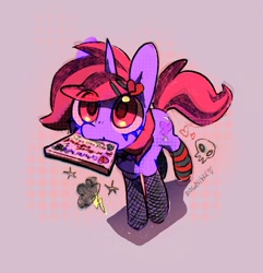 Size: 1255x1301 | Tagged: safe, artist:dawnfire, oc, oc only, oc:dawnfire, pony, unicorn, cd, clothes, eye clipping through hair, female, fishnet stockings, horn, mare, mouth hold, offering, socks, solo, striped socks, unicorn oc