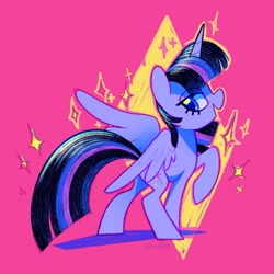 Size: 2019x2018 | Tagged: safe, artist:dawnfire, twilight sparkle, twilight sparkle (alicorn), alicorn, pony, female, horn, lidded eyes, mare, open mouth, raised hoof, raised leg, red background, simple background, solo, sparkles, spread wings, wings