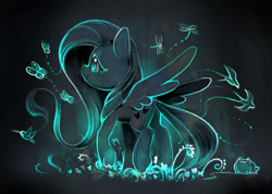 Size: 2048x1461 | Tagged: safe, artist:dawnfire, fluttershy, bird, butterfly, dragonfly, frog, insect, pegasus, pony, female, limited palette, mare, smiling, solo, spread wings, walking, watermark, wings