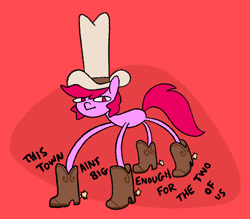 Size: 1906x1667 | Tagged: safe, artist:dawnfire, oc, oc only, oc:dawnfire, pony, unicorn, boots, cowboy boots, cowboy hat, female, hat, looking at you, mare, red background, shoes, simple background, solo, text