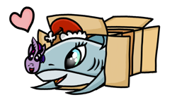 Size: 2736x1660 | Tagged: safe, artist:lunar harmony, ponerpics import, oc, oc:santa pone, shark, /mlp/ secret santa, box, christmas, cute, hat, heart, holiday, ponies sliding into a box, santa hat, solo, twilight sparkle mask