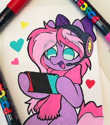 Size: 1795x2048 | Tagged: safe, artist:dawnfire, oc, oc only, oc:lillybit, earth pony, pony, bow, clothes, eye clipping through hair, female, hair bow, headphones, headset, mare, microphone, nintendo switch, open mouth, scarf, solo, traditional art