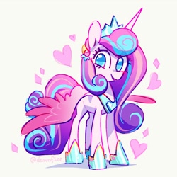 Size: 1390x1390 | Tagged: safe, artist:dawnfire, princess flurry heart, alicorn, pony, crown, female, heart, hoof shoes, horn, jewelry, looking at you, mare, older, older flurry heart, peytral, regalia, simple background, smiling, smiling at you, solo, spread wings, white background, wings