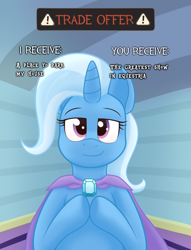 Size: 1214x1588 | Tagged: safe, artist:xppp1n, unicorn, cape, female, looking at you, mare, meme, ponified, ponified meme, solo, text, trade offer, trixie's cape, trixie's wagon