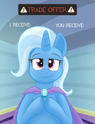 Size: 1214x1588 | Tagged: safe, artist:xppp1n, pony, unicorn, cape, female, looking at you, mare, meme, ponified, ponified meme, solo, template, text, trade offer, trixie's cape, trixie's wagon