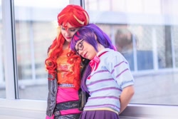 Size: 1080x720 | Tagged: safe, artist:jaycosplay1, artist:sayakcos, derpibooru import, sci-twi, sunset shimmer, twilight sparkle, human, equestria girls, clothes, cosplay, costume, duo, female, irl, irl human, lesbian, photo, scitwishimmer, shipping, sunsetsparkle