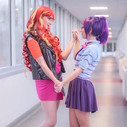 Size: 1080x1080 | Tagged: safe, artist:jaycosplay1, artist:sayakcos, derpibooru import, sci-twi, sunset shimmer, twilight sparkle, human, equestria girls, clothes, cosplay, costume, duo, female, irl, irl human, lesbian, photo, scitwishimmer, shipping, sunsetsparkle