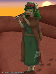 Size: 2500x3300 | Tagged: safe, artist:spokenmind93, derpibooru import, oc, oc:acacia spirit, anthro, unguligrade anthro, desert, dusk, flute, goggles, musical instrument