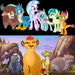 Size: 1024x1024 | Tagged: safe, artist:cloudyglow, derpibooru import, edit, gallus, ocellus, sandbar, silverstream, smolder, yona, badger, big cat, bird, cheetah, classical hippogriff, dragon, eagle, earth pony, griffon, hippogriff, hippopotamus, lion, yak, the hearth's warming club, anga, beshte, bunga, comparison, egret, fuli, honey badger, if only, kion, ono, student six, the lion guard