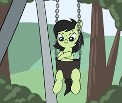 Size: 1279x1080 | Tagged: safe, artist:happy harvey, derpibooru import, oc, oc:anon filly, earth pony, pony, angry, blushing, bush, crossed arms, crossed hooves, drawn on phone, eyebrows, female, filly, foal, grumpy, hill, scrunchy face, sitting, swing, swing set, tree