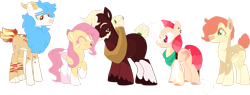 Size: 1280x484 | Tagged: safe, artist:klawiee, artist:selenaede, derpibooru import, big macintosh, fluttershy, oc, earth pony, hybrid, pegasus, pony, alternate design, bandana, base used, beard, coat markings, colored pupils, ear piercing, earring, earth pony oc, eyes closed, facial hair, family, female, fluttermac, freckles, horse collar, jewelry, kiss on the cheek, kissing, male, mare, offspring, open mouth, open smile, parent:big macintosh, parent:fluttershy, parents:fluttermac, pegasus oc, piercing, shipping, simple background, smiling, step-father, straight, transparent background, unshorn fetlocks