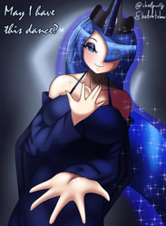 Size: 1540x2106 | Tagged: safe, artist:chiefyaero, artist:chiefywiffy, derpibooru import, princess luna, human, breasts, dialogue, eye clipping through hair, female, hand on chest, humanized, looking at you, offering, princess balloona, solo