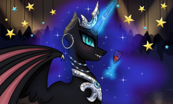 Size: 3500x2100 | Tagged: safe, artist:ladyluna2, derpibooru import, nightmare moon, alicorn, pony, alcohol, bat wings, blue eyes, blue mane, crown, digital art, ethereal mane, fangs, female, flowing mane, glass, glowing, glowing horn, happy, high res, horn, jewelry, looking at you, magic, mare, open mouth, peytral, regalia, smiling, smiling at you, solo, sparkles, spread wings, starry mane, stars, teeth, wine, wine glass, wings