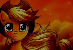 Size: 1024x714 | Tagged: artist needed, source needed, safe, derpibooru import, applejack, pony, bust, crying, female, looking at you, mare, solo, windswept mane