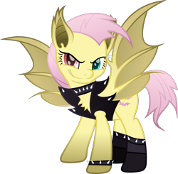 Size: 3360x3292 | Tagged: safe, artist:lincolnbrewsterfan, derpibooru import, fluttershy, bat pony, a bird in the hoof, bats!, my little pony: the movie, scare master, .svg available, alternate cutie mark, alternate design, alternate hairstyle, alternate tailstyle, bat ponified, bomber jacket, boots, bootstrap paradox, chest fluff, choker, claws, clothes, collar, cute, cute little fangs, fangs, female, flutterbat, flutterpunk, fusion, heterochromia, inkscape, inverted mouth, jacket, leather, leather jacket, looking at you, messy mane, messy tail, movie accurate, punk, race swap, red eyes, rocker, shoes, shyabates, shyabetes, simple background, smiling, smiling at you, smirk, socks, species swap, spiked choker, spiked collar, spiked wristband, svg, tail, transparent background, vector, vest, wing claws, wings, wristband
