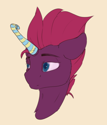 Size: 1536x1796 | Tagged: safe, artist:tenebrisnoctus, derpibooru import, fizzlepop berrytwist, tempest shadow, pony, unicorn, atg 2022, bust, female, horn, mare, newbie artist training grounds, party horn, simple background, solo, tempest gets her horn back, yellow background