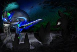 Size: 3496x2362 | Tagged: safe, artist:cerria, derpibooru import, oc, oc only, oc:midnight (dimensional shift), alicorn, pony, alicorn oc, clothes, glowing, glowing eyes, high res, horn, male, scarf, shadow pony, space, stallion, sword, weapon, wings