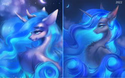 Size: 1280x796 | Tagged: safe, artist:nessapark21, derpibooru import, princess luna, alicorn, pony, beautiful, blue eyes, blue mane, bust, chest fluff, comparison, crown, digital art, ear fluff, ears, ethereal mane, feather, female, flowing mane, folded wings, horn, jewelry, lidded eyes, mare, moon, moonlight, night, redraw, regalia, sky, smiling, solo, starry mane, stars, wings