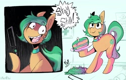 Size: 4096x2614 | Tagged: safe, artist:urbanqhoul, derpibooru import, oc, oc only, oc:minty pop, earth pony, pony, bait and switch, solo