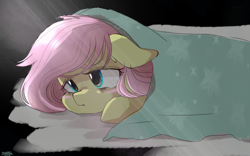 Size: 2560x1600 | Tagged: safe, artist:dawnflame, derpibooru import, fluttershy, pony, blanket, crepuscular rays, ears, female, floppy ears, high res, lying down, mare, melancholy, prone, sleepless, solo