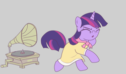 Size: 2253x1335 | Tagged: safe, artist:mandumustbasukanemen, derpibooru import, twilight sparkle, unicorn twilight, pony, unicorn, atg 2022, bipedal, birthday dress, clothes, dancing, do the sparkle, dress, eyes closed, female, gramophone, gray background, mare, newbie artist training grounds, simple background, solo