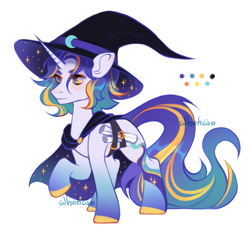 Size: 2199x2076 | Tagged: safe, artist:whohwo, derpibooru import, oc, oc only, pony, unicorn, hat, horn, male, raised hoof, raised leg, simple background, smiling, solo, stallion, unicorn oc, white background, witch hat