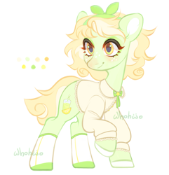 Size: 1810x1877 | Tagged: safe, artist:whohwo, derpibooru import, oc, oc only, earth pony, pony, clothes, earth pony oc, eyelashes, female, leg warmers, mare, raised hoof, raised leg, simple background, smiling, solo, white background