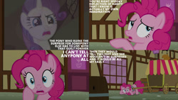 Size: 1280x720 | Tagged: safe, derpibooru import, edit, edited screencap, editor:quoterific, screencap, pinkie pie, rarity, earth pony, pony, unicorn, season 5, the one where pinkie pie knows, duo, female, mare, open mouth, text