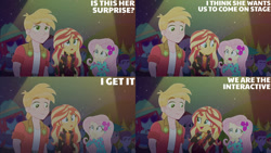 Size: 1280x720 | Tagged: safe, derpibooru import, edit, edited screencap, editor:quoterific, screencap, big macintosh, fluttershy, sunset shimmer, better together, equestria girls, the last drop, clothes, female, geode of empathy, jacket, magical geodes, male, music festival outfit, night, open mouth, open smile, smiling, text, trio, trio focus