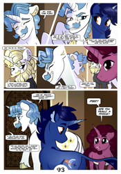 Size: 2100x3000 | Tagged: safe, artist:loryska, derpibooru import, fancypants, prince blueblood, oc, oc:indigo sky, oc:la belle estelle, pony, comic:friendship grows, magical lesbian spawn, offspring, parent:trixie, parent:twilight sparkle, parents:twixie