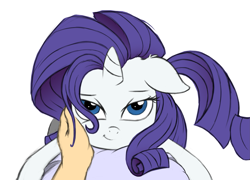 Size: 2645x1900 | Tagged: safe, artist:godoffury, color edit, derpibooru import, edit, rarity, human, pony, unicorn, bedroom eyes, colored, ears, female, floppy ears, hand, hug, looking at you, mare, offscreen character, offscreen human, petting, pov, simple background, smiling, white background