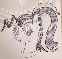 Size: 1533x1463 | Tagged: safe, artist:legendoflink, derpibooru import, pinkie pie, earth pony, pony, alternate hairstyle, ear piercing, earring, female, heart, heart eyes, jewelry, lidded eyes, looking at you, mare, monochrome, piercing, smiling, solo, traditional art, wingding eyes
