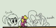 Size: 185x93 | Tagged: safe, artist:legendoflink, derpibooru import, cherry berry, pinkie pie, earth pony, pony, female, mare, micro, ponytail, smiling, touch