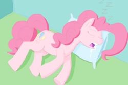 Size: 1500x1000 | Tagged: safe, artist:legendoflink, derpibooru import, pinkie pie, earth pony, pony, drool, drool string, female, lying down, mare, on side, onomatopoeia, open mouth, pillow, saliva puddle, sleeping, snoring, sound effects, zzz