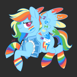 Size: 1800x1800 | Tagged: safe, artist:alithinksshecandraw, derpibooru import, rainbow dash, pegasus, pony, clothes, face paint, female, gray background, jacket, looking at you, mouthpiece, paint, pride, pride flag, rainbow socks, side view, signature, simple background, smiling, smiling at you, socks, solo, striped socks, wristband