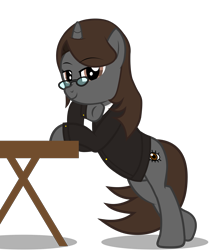 Size: 5177x6102 | Tagged: safe, artist:mlpmvguy, derpibooru import, oc, oc:sonata, pony, unicorn, absurd resolution, bipedal, bipedal leaning, clothes, desk, elements of justice, female, leaning, looking at you, mare, simple background, solo, suit, transparent background, turnabout storm, vector