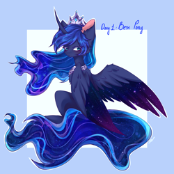 Size: 1900x1900 | Tagged: safe, artist:rainbowmoon2512, derpibooru import, princess luna, alicorn, pony, blue background, blue eyes, blue mane, blue tail, blushing, chest fluff, crown, curved horn, digital art, ear fluff, ears, ethereal mane, ethereal tail, feather, female, flowing mane, flowing tail, horn, hybrid wings, jewelry, looking at you, mare, peytral, regalia, signature, simple background, solo, spread wings, starry mane, starry tail, starry wings, tail, wings