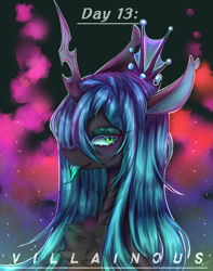 Size: 1500x1900 | Tagged: safe, artist:rainbowmoon2512, derpibooru import, queen chrysalis, changeling, chest fluff, colored pupils, crown, cute, digital art, eyelashes, female, green eyes, green mane, horn, jewelry, lidded eyes, looking at you, mare, regalia, signature, smiling, smiling at you, solo, stars