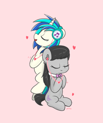 Size: 1717x2048 | Tagged: safe, artist:limitmj, derpibooru import, dj pon-3, octavia melody, vinyl scratch, earth pony, pony, unicorn, cute, eyes closed, female, floating heart, headphones, heart, lesbian, mare, open mouth, open smile, pink background, scratchtavia, shipping, simple background, smiling, tavibetes, vinylbetes