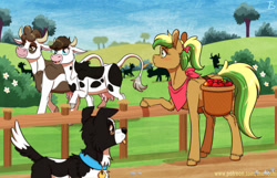 Size: 1024x659 | Tagged: safe, artist:inuhoshi-to-darkpen, derpibooru import, daisy jo, oc, oc:dottie, oc:willow wisp, cow, dog, earth pony, pony, apple, bandana, basket, bush, collar, fence, flower, food, looking at someone, looking at something, sweet apple acres