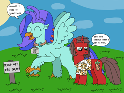 Size: 3140x2355 | Tagged: safe, artist:supahdonarudo, derpibooru import, oc, oc only, oc:ironyoshi, oc:sea lilly, classical hippogriff, hippogriff, unicorn, atg 2022, camera, clothes, cloud, dialogue, grass, jewelry, necklace, newbie artist training grounds, pure unfiltered evil, shirt, sign, speech bubble, sun, text