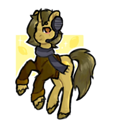 Size: 904x1013 | Tagged: safe, artist:lilara, derpibooru import, oc, oc only, oc:sagiri himoto, pony, unicorn, blushing, brown coat, brown eyes, brown mane, brown tail, clothes, ears, ears up, food, headphones, horn, lemon, looking at you, scarf, simple background, smiling, smiling at you, solo, sweater, tail, unicorn oc, white background