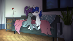 Size: 3840x2160 | Tagged: safe, artist:alicetriestodraw, derpibooru import, oc, oc only, oc:catmint, oc:mysza, mouse, pegasus, pony, unicorn, blanket, cupboard, curtains, duo, duo female, eyes closed, female, flower, interior, mare, night, rose, snuggling, sofa, vase, window, wings