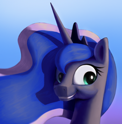 Size: 990x1012 | Tagged: safe, artist:suhar, derpibooru import, princess luna, alicorn, pony, bust, female, horn, mare, smiling, solo