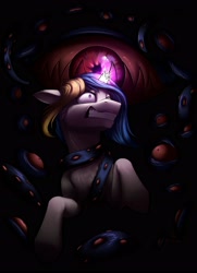 Size: 2542x3511 | Tagged: safe, artist:klarapl, derpibooru import, oc, oc only, pony, unicorn, broken horn, high res, horn, magic, monster, multiple eyes, nightmare fuel, scared, teeth, unicorn oc