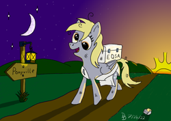 Size: 1200x849 | Tagged: safe, artist:darkdabula, derpibooru import, derpy hooves, pegasus, pony, atg 2022, lantern, moon, newbie artist training grounds, sign, solo, sunrise