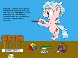 Size: 2000x1500 | Tagged: safe, artist:blazewing, derpibooru import, cozy glow, pegasus, atg 2022, blue background, bow, chewing gum, clipboard, colored background, devious, dialogue, drawpile, female, filly, flying, foal, food, hair ribbon, label, newbie artist training grounds, onion, perfume, prank, ribbon, rubik's cube, simple background, smiling, sneaky, solo, table, tail, text