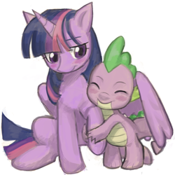 Size: 1200x1200 | Tagged: safe, artist:arasanka, derpibooru import, spike, twilight sparkle, twilight sparkle (alicorn), alicorn, dragon, pony, blushing, cute, duo, eyes closed, female, hug, male, mama twilight, mare, simple background, smiling, spikabetes, spikelove, twiabetes, white background