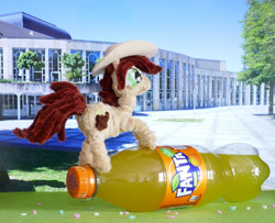 Size: 2322x1886 | Tagged: safe, artist:malte279, derpibooru import, oc, oc:canni soda, earth pony, chenille, chenille stems, chenille wire, craft, earth pony oc, fanta, galacon, hat, mascot, pipe cleaner sculpture, pipe cleaners